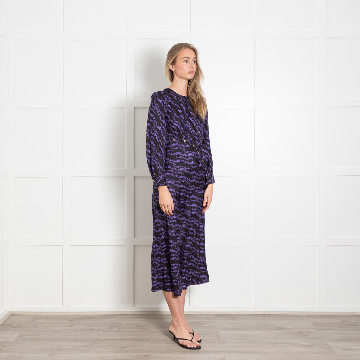 Sandro Black And Purple Dress With Gold Button Detail