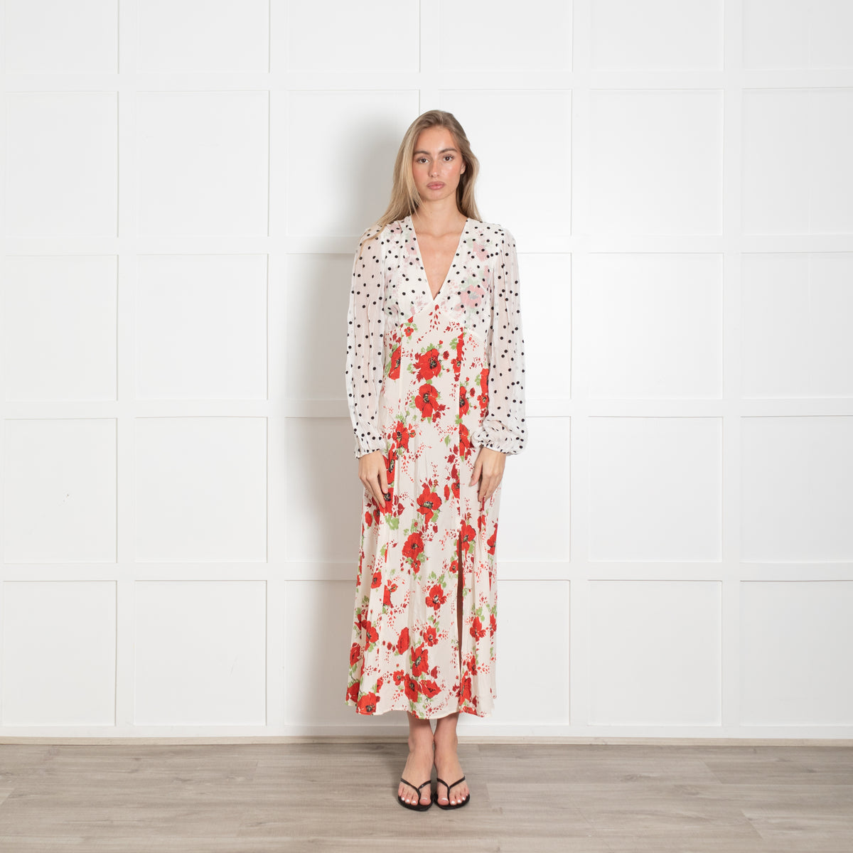 Rixo White Dress With Black Polka Dot and Red Poppy Pattern