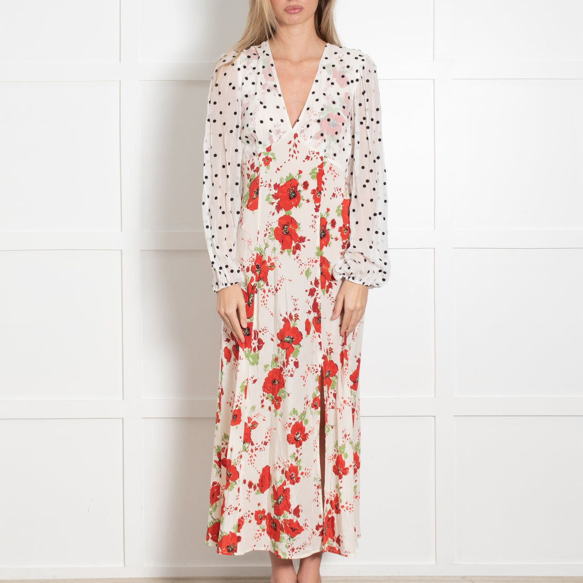 Rixo White Dress With Black Polka Dot and Red Poppy Pattern