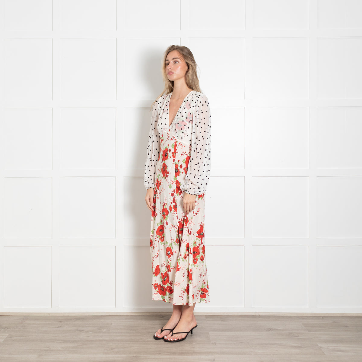 Rixo White Dress With Black Polka Dot and Red Poppy Pattern