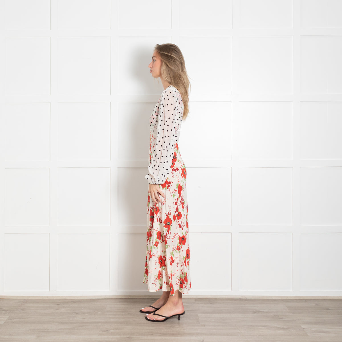 Rixo White Dress With Black Polka Dot and Red Poppy Pattern