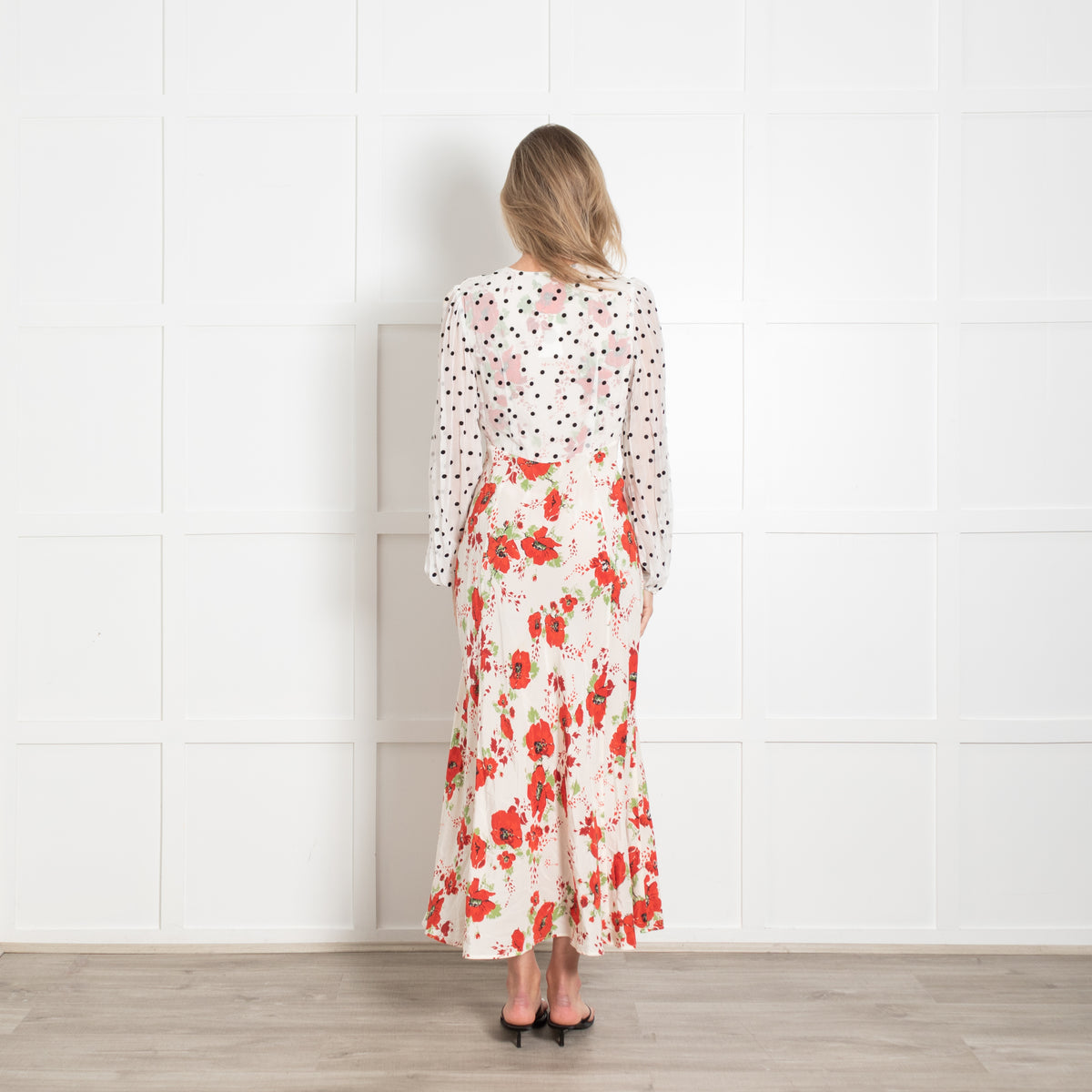 Rixo White Dress With Black Polka Dot and Red Poppy Pattern