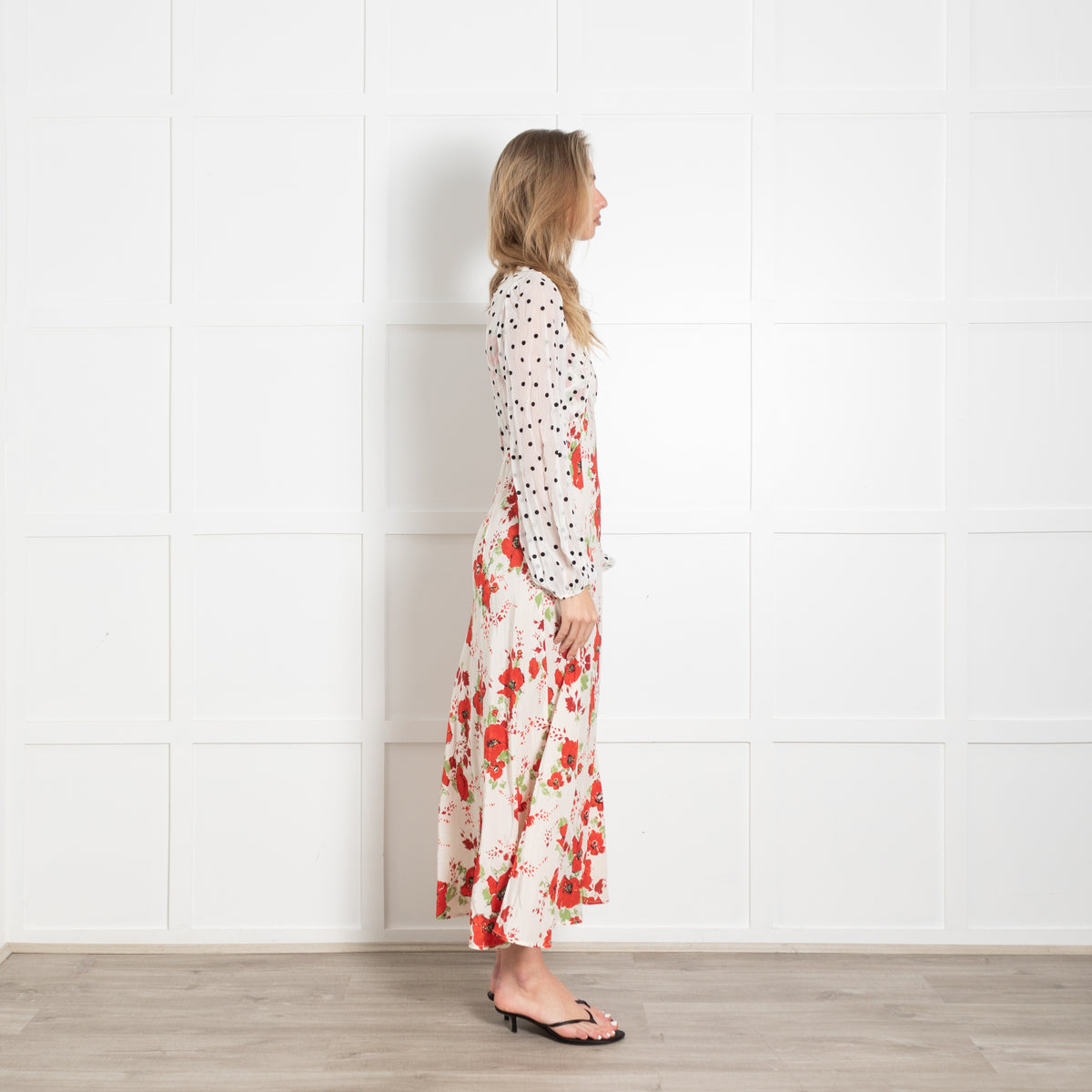Rixo White Dress With Black Polka Dot and Red Poppy Pattern