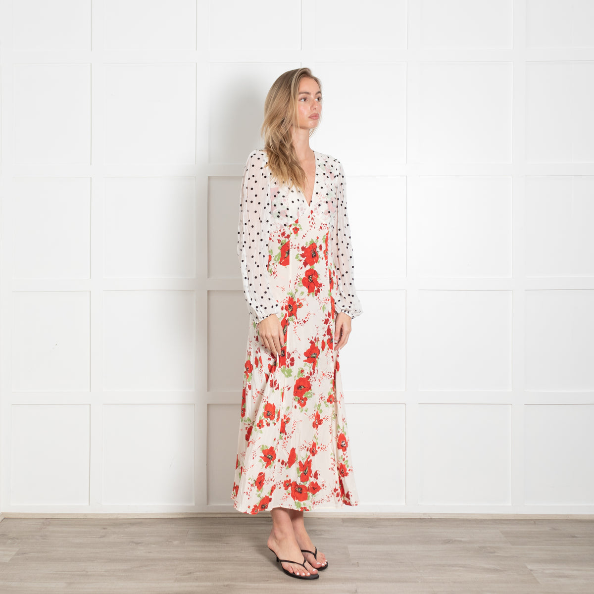 Rixo White Dress With Black Polka Dot and Red Poppy Pattern