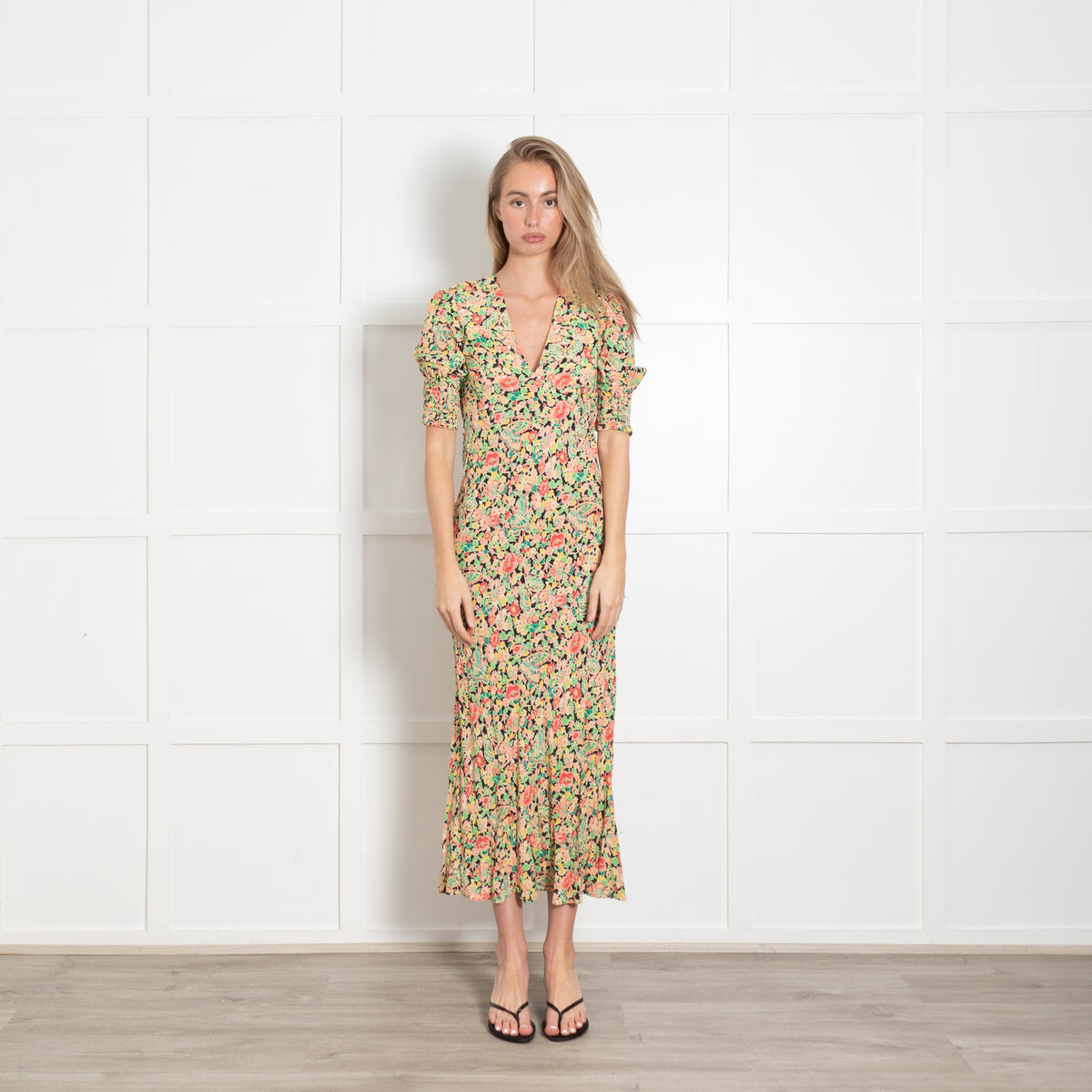 Rixo Yellow Black And Red Floral Pattern Dress