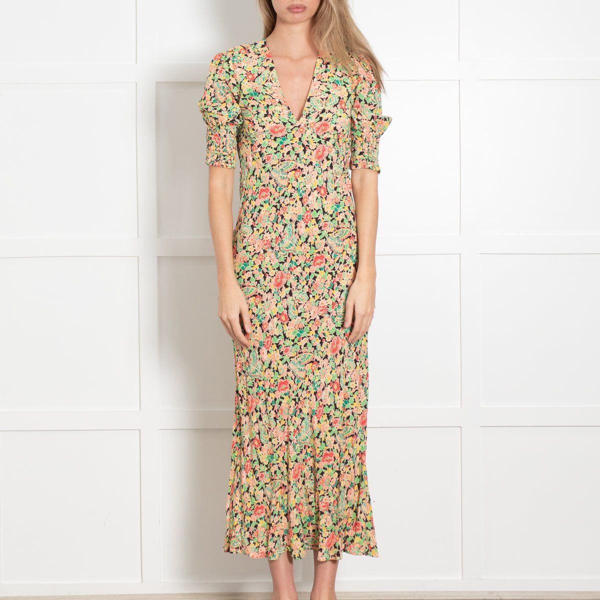 Rixo Yellow Black And Red Floral Pattern Dress