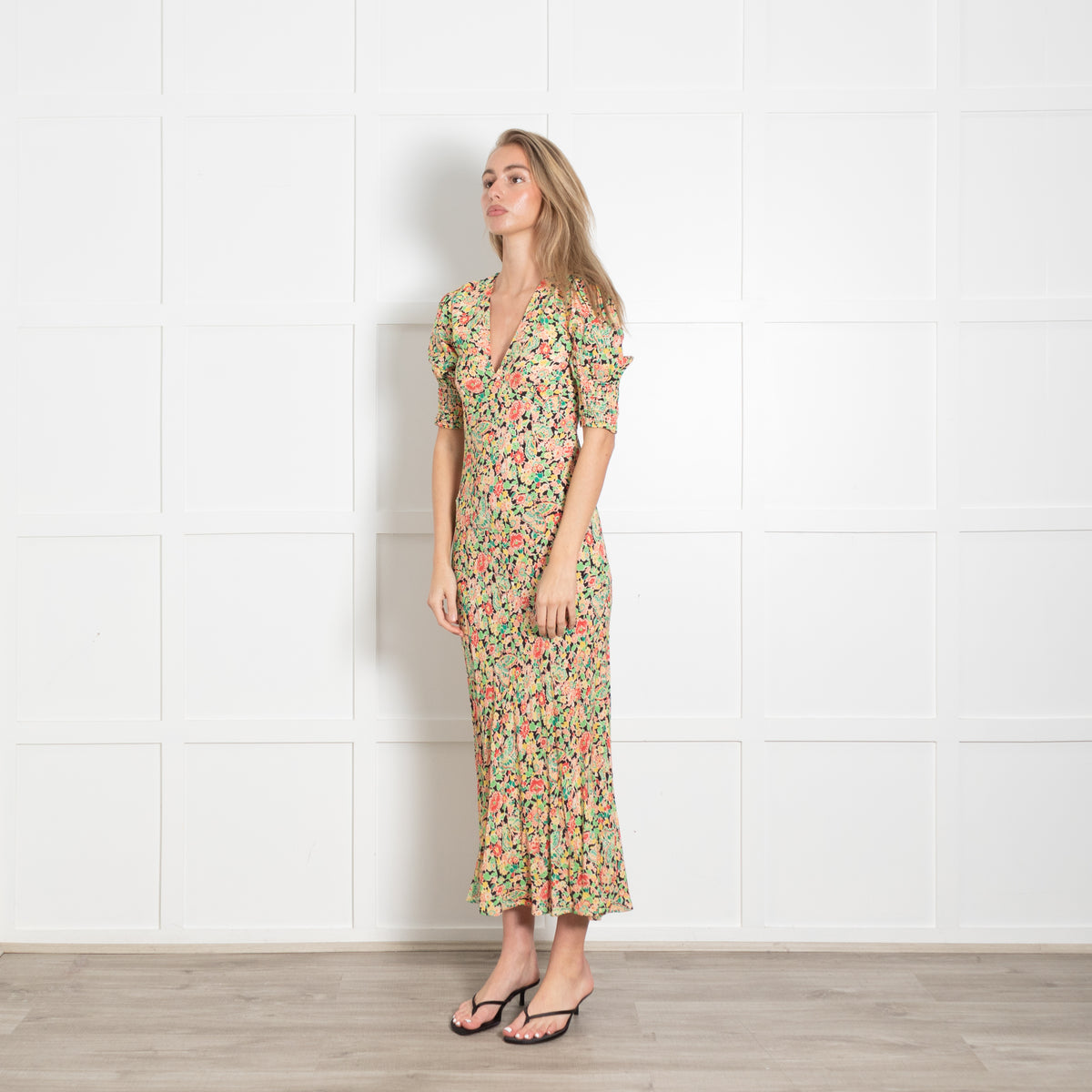 Rixo Yellow Black And Red Floral Pattern Dress