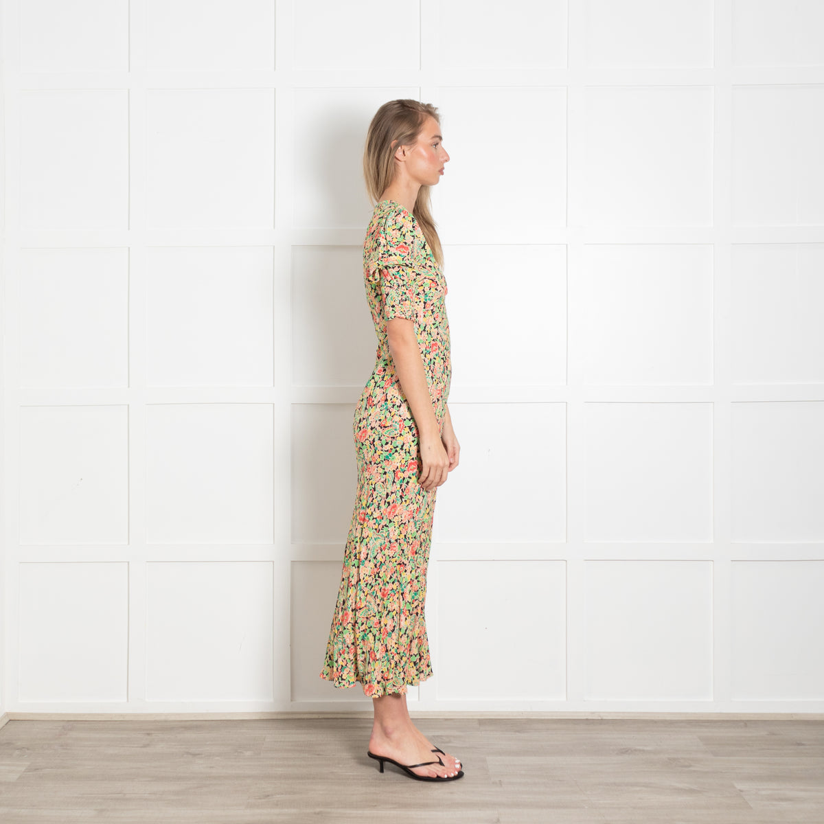 Rixo Yellow Black And Red Floral Pattern Dress