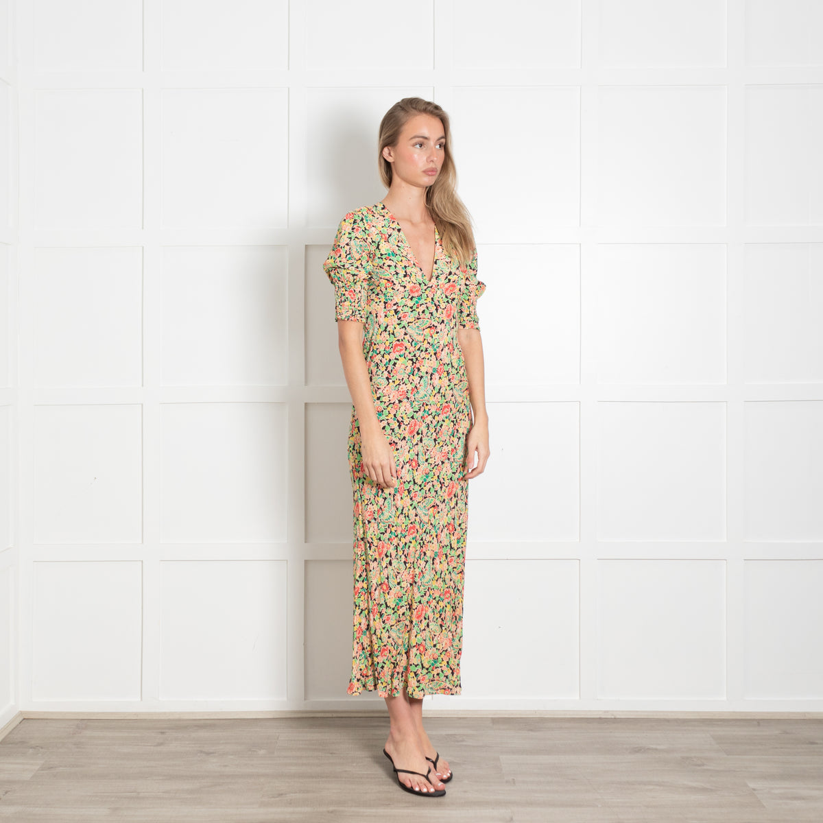 Rixo Yellow Black And Red Floral Pattern Dress
