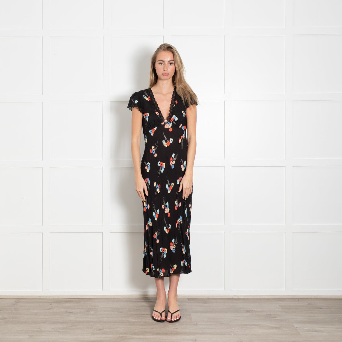 Rixo Black Dress With Red And Blue Flowers And Lace Detail