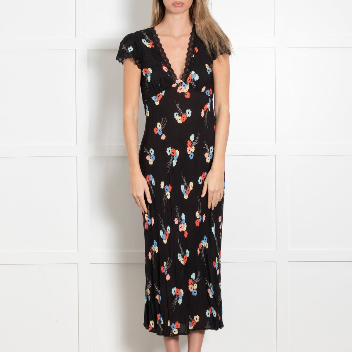 Rixo Black Dress With Red And Blue Flowers And Lace Detail