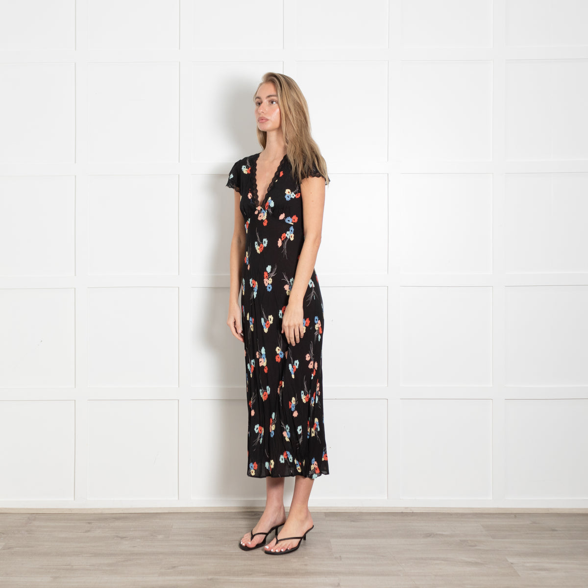 Rixo Black Dress With Red And Blue Flowers And Lace Detail