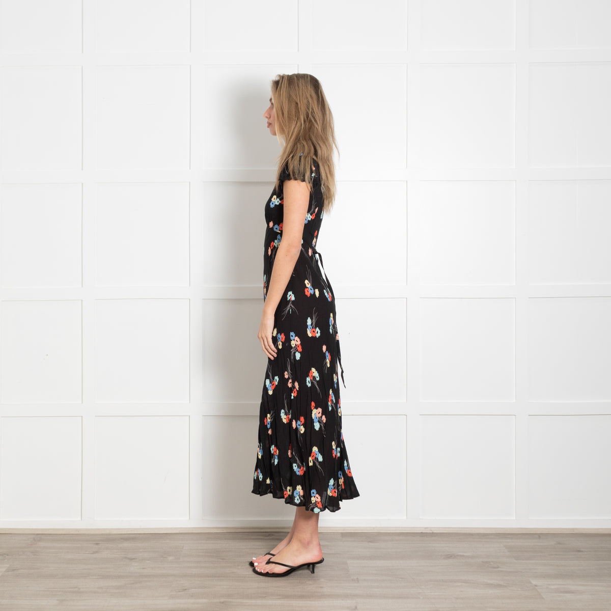 Rixo Black Dress With Red And Blue Flowers And Lace Detail
