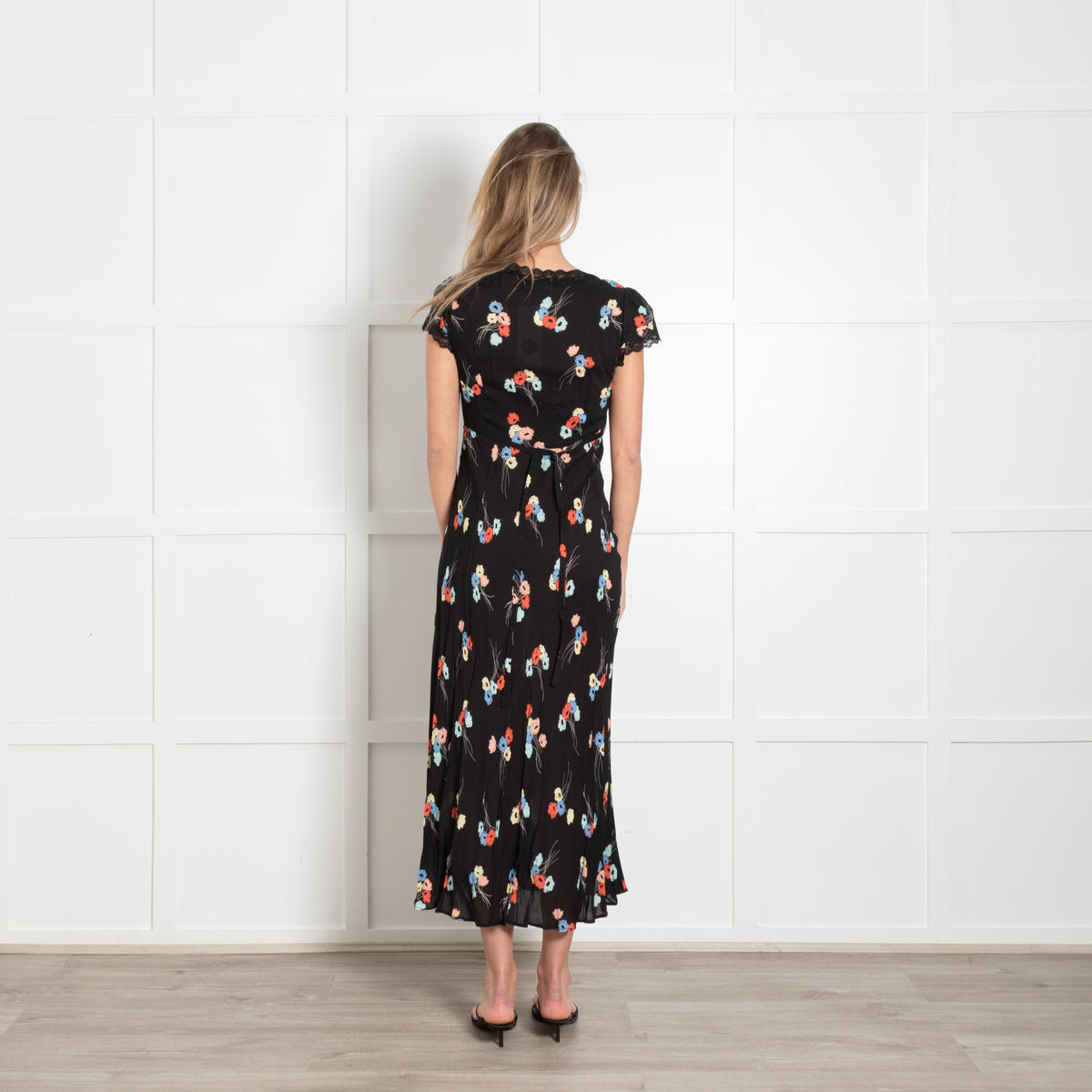 Rixo Black Dress With Red And Blue Flowers And Lace Detail