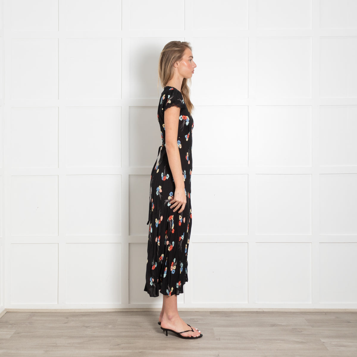 Rixo Black Dress With Red And Blue Flowers And Lace Detail