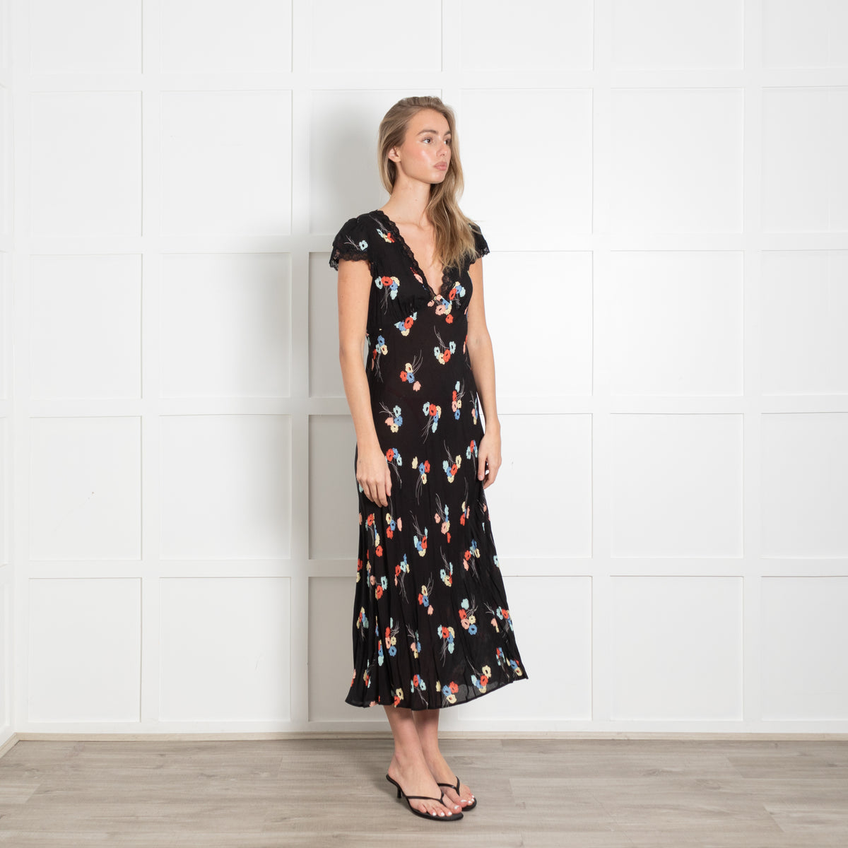 Rixo Black Dress With Red And Blue Flowers And Lace Detail