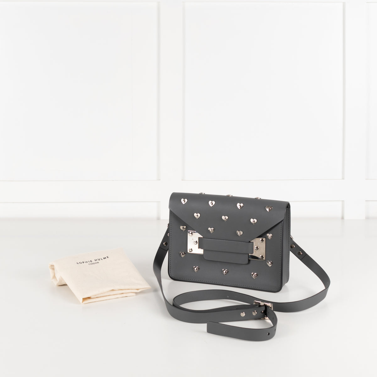 Sophie Hulme Grey Leather Silver Heart Stud Crossbody Envelope Bag