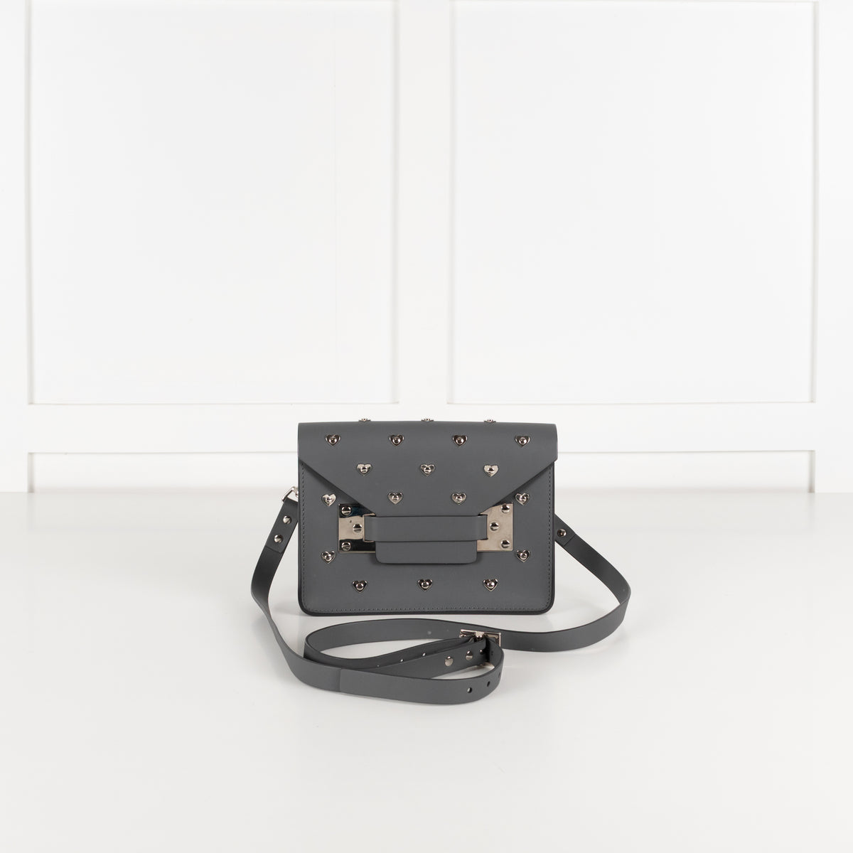 Sophie Hulme Grey Leather Silver Heart Stud Crossbody Envelope Bag