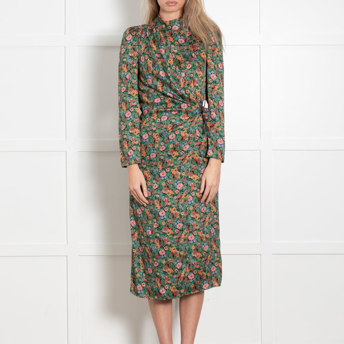 Sandro Green Floral Dress With Wrap Front