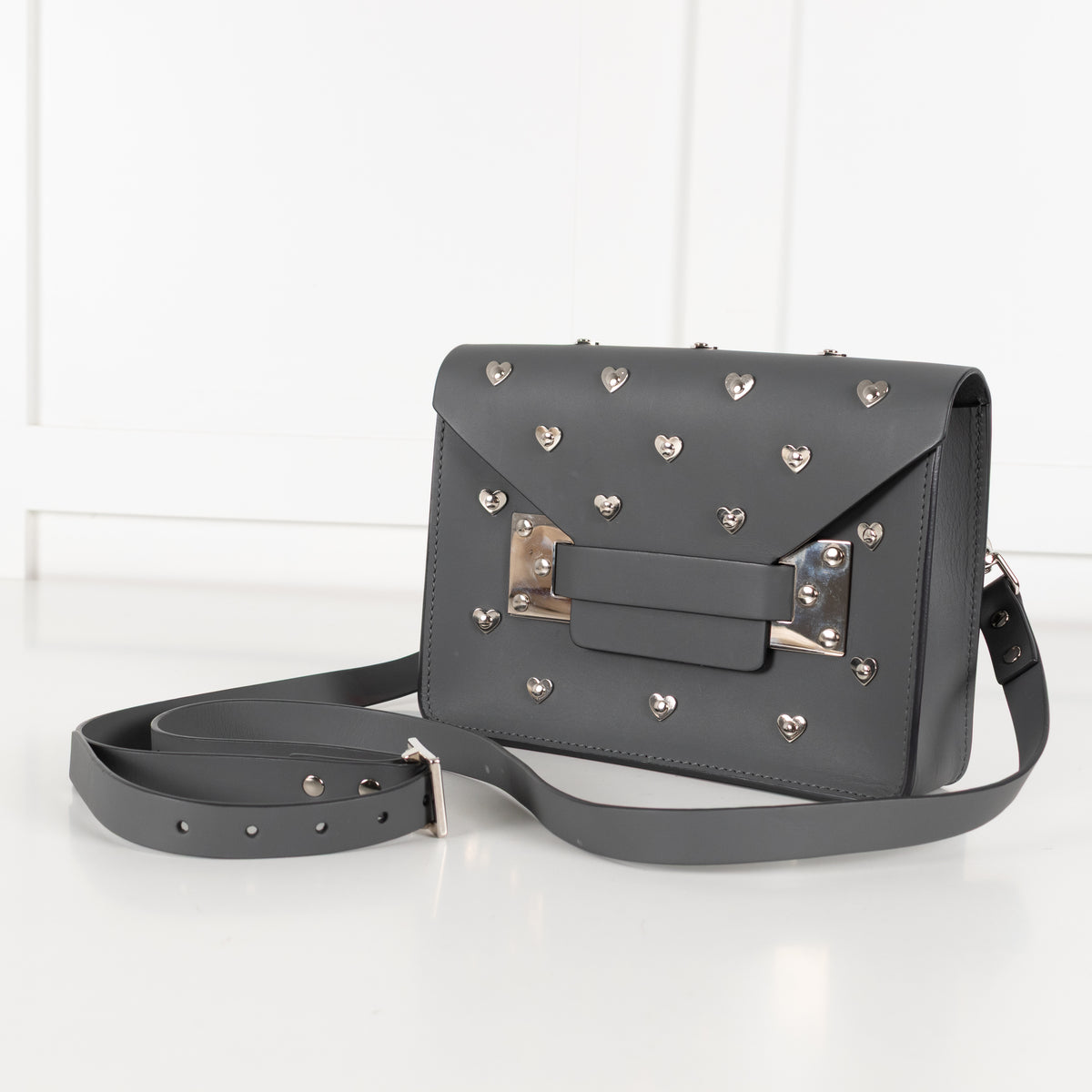 Sophie Hulme Grey Leather Silver Heart Stud Crossbody Envelope Bag