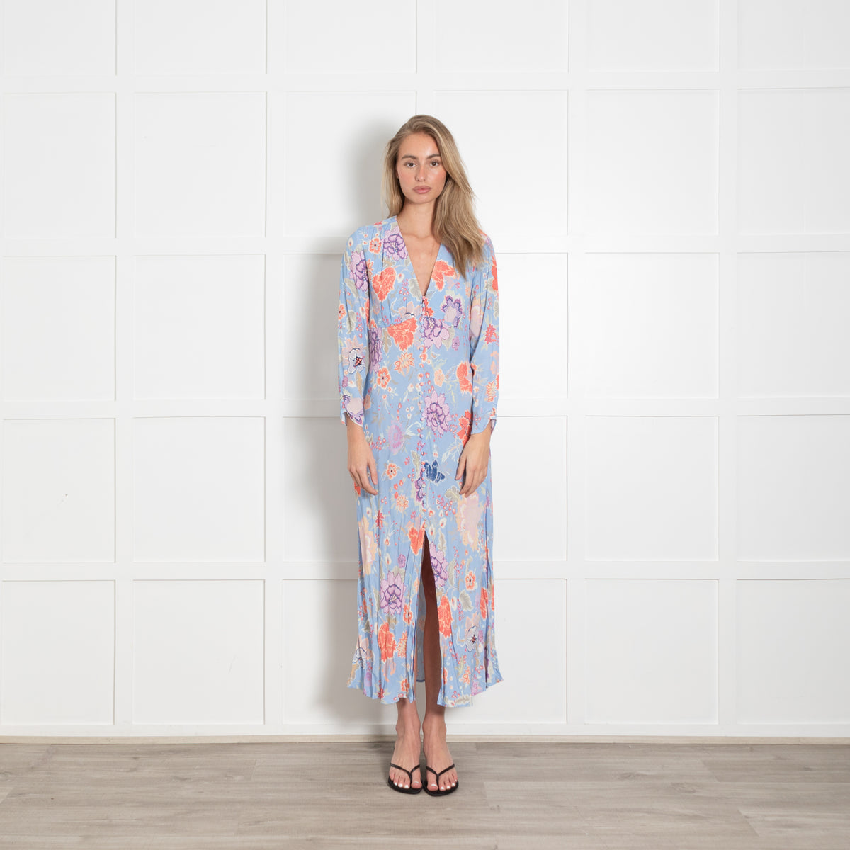 Rixo Pale Blue With Orange Flowers And Covered Buttons Dress