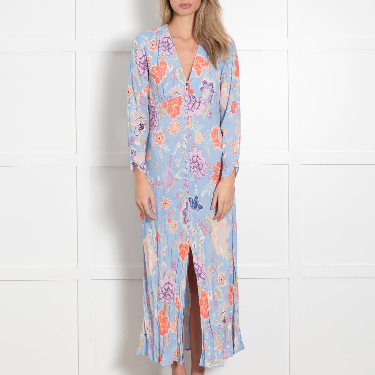Rixo Pale Blue With Orange Flowers And Covered Buttons Dress