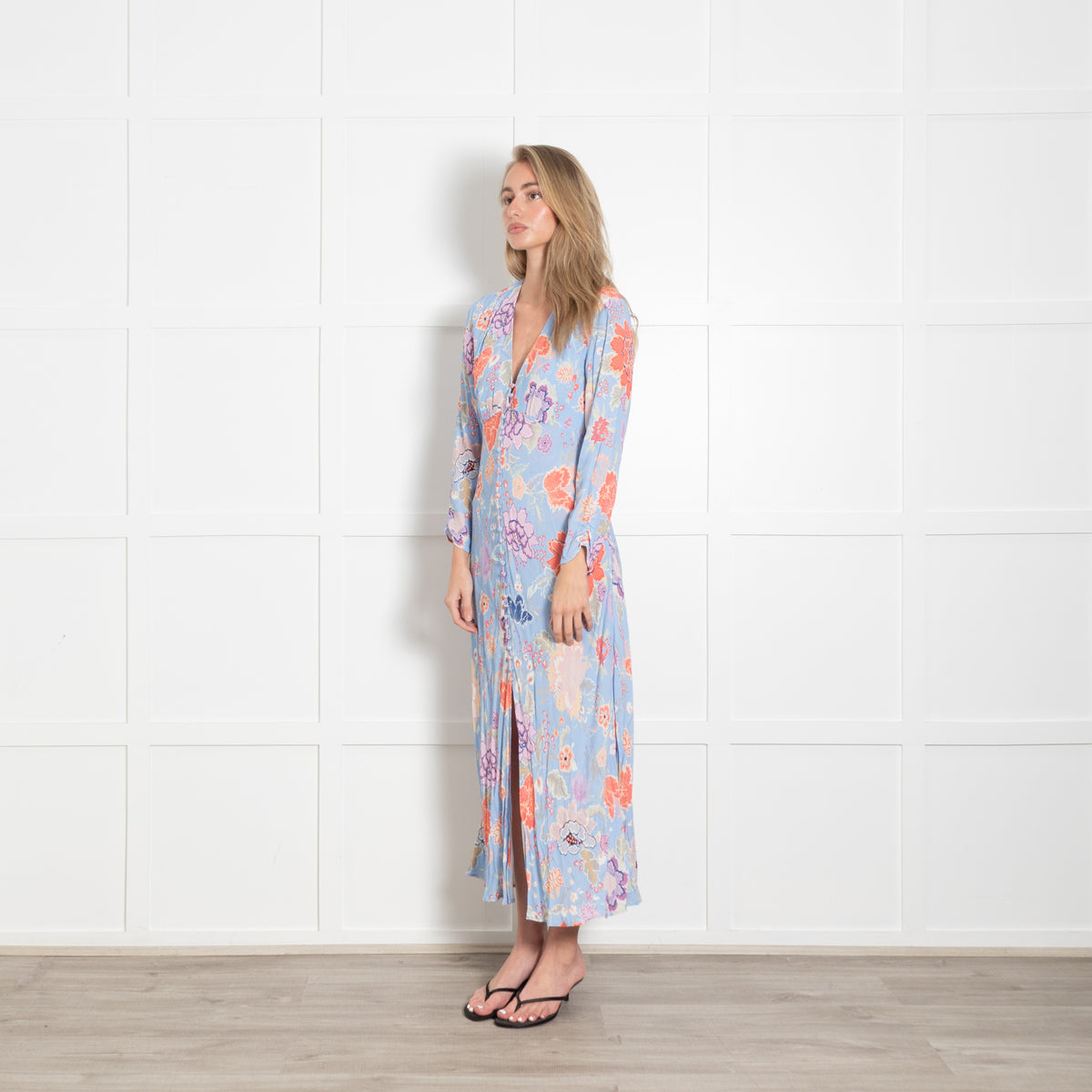 Rixo Pale Blue With Orange Flowers And Covered Buttons Dress