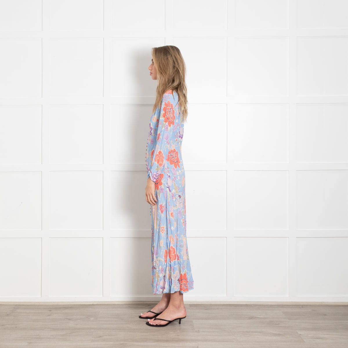 Rixo Pale Blue With Orange Flowers And Covered Buttons Dress