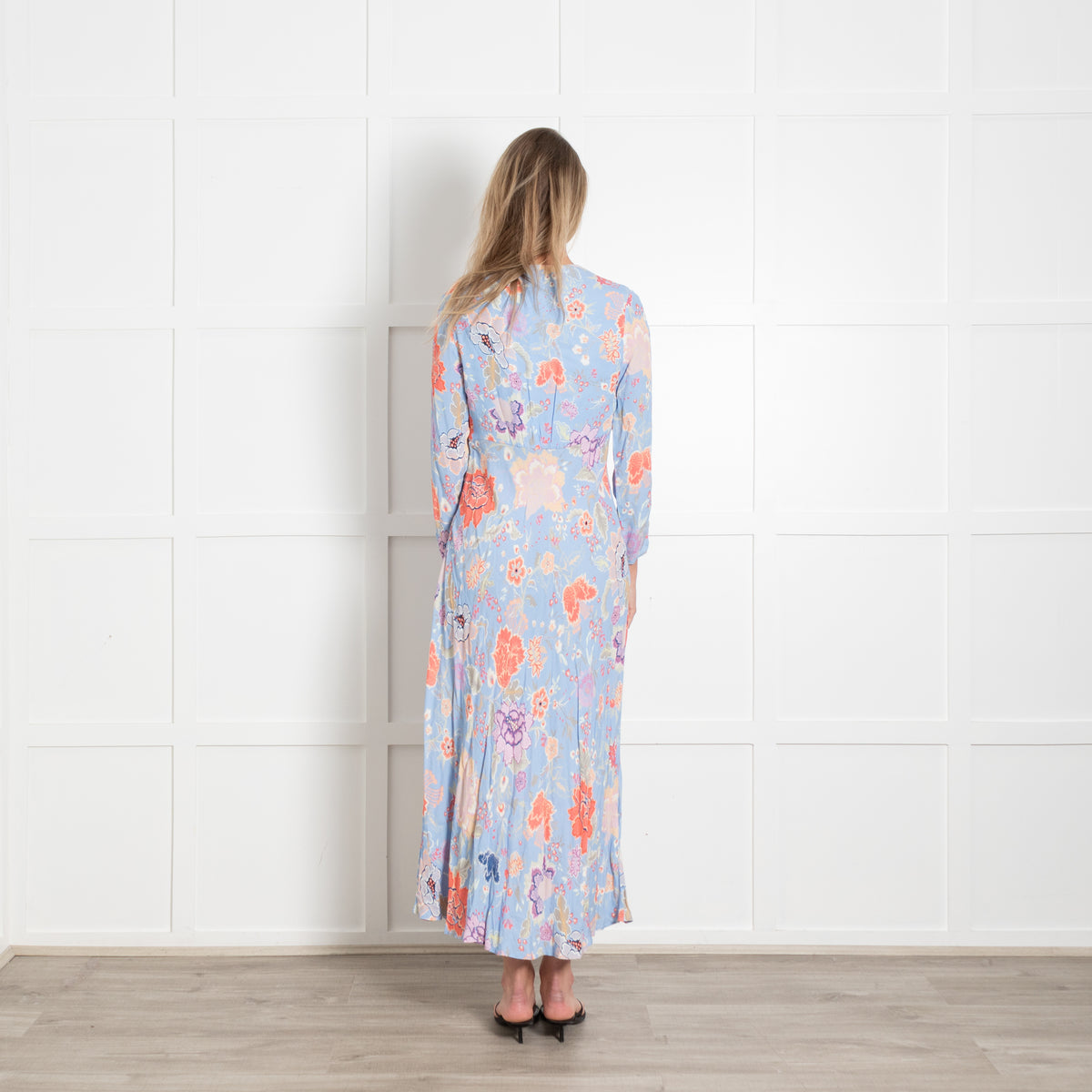 Rixo Pale Blue With Orange Flowers And Covered Buttons Dress