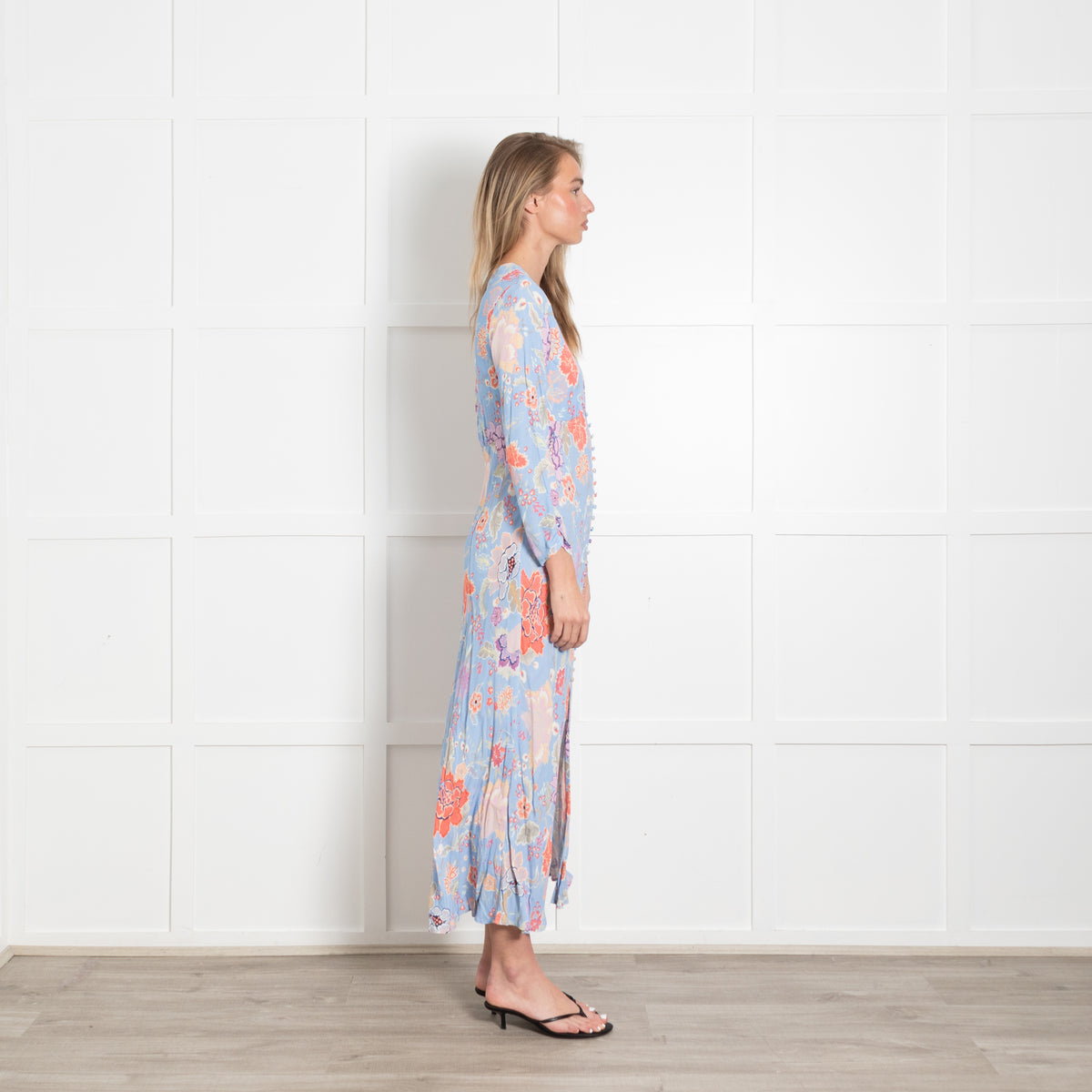 Rixo Pale Blue With Orange Flowers And Covered Buttons Dress