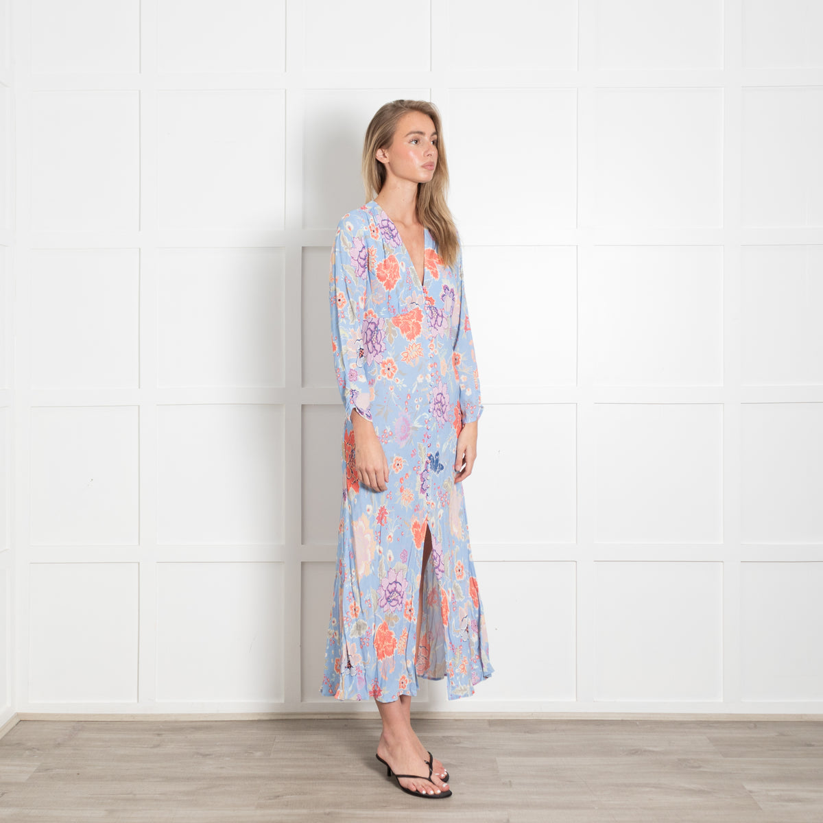 Rixo Pale Blue With Orange Flowers And Covered Buttons Dress