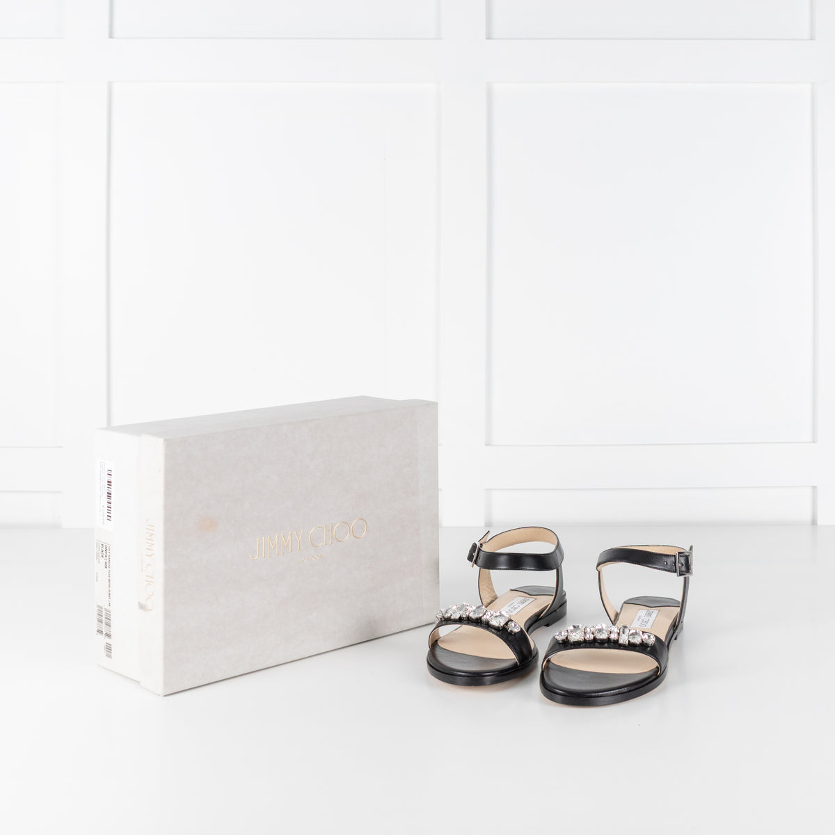 Jimmy Choo Black Leather City Sandal with Jewelled Toe