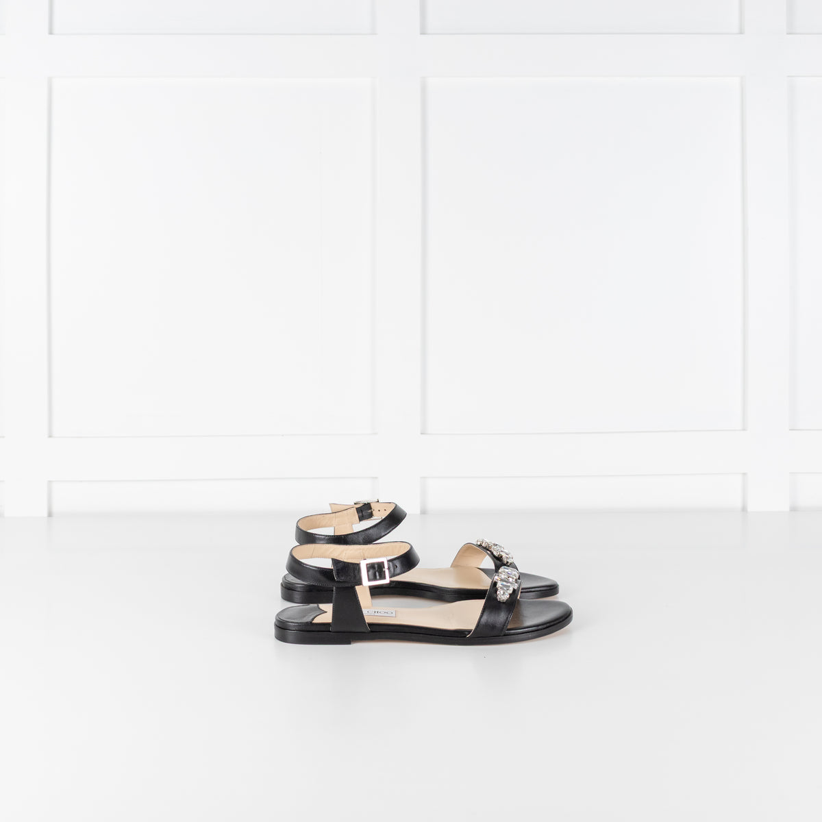 Jimmy Choo Black Leather City Sandal with Jewelled Toe