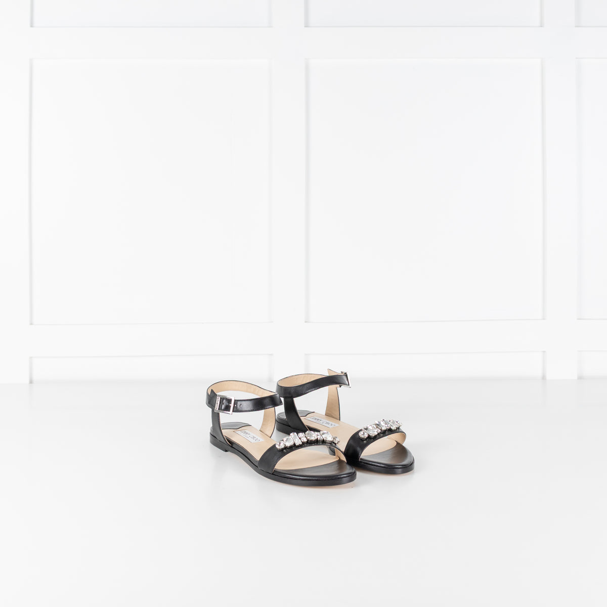 Jimmy Choo Black Leather City Sandal with Jewelled Toe