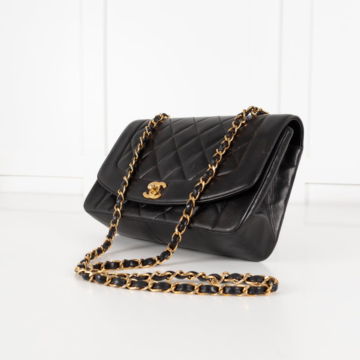 Chanel Medium Diana Matelasse Lambskin Chain Shoulder Bag in Black