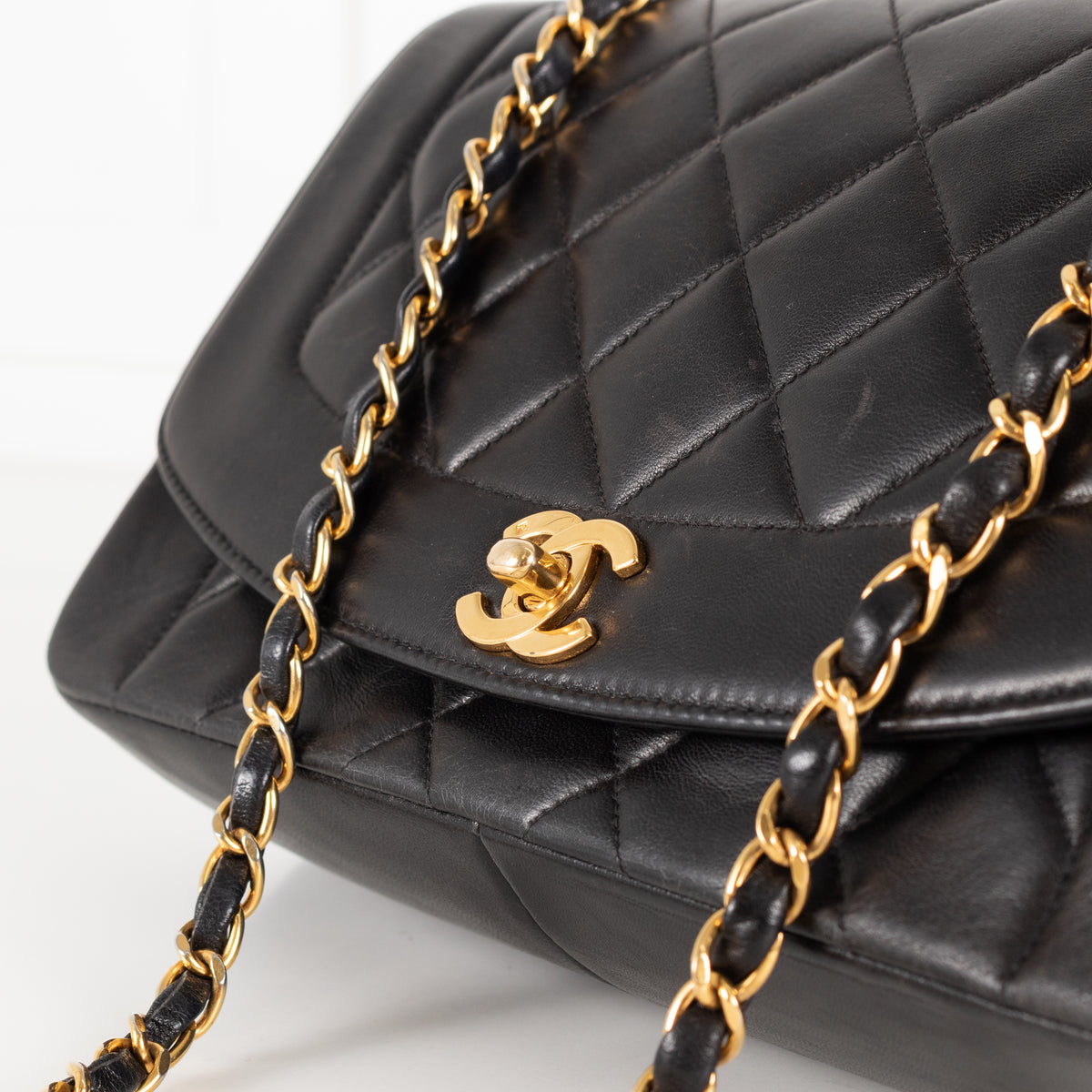 Chanel Medium Diana Matelasse Lambskin Chain Shoulder Bag in Black