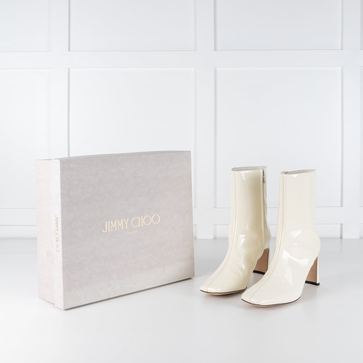 Jimmy Choo Kinsey Cream Patent Wide Heel Ankle Boot