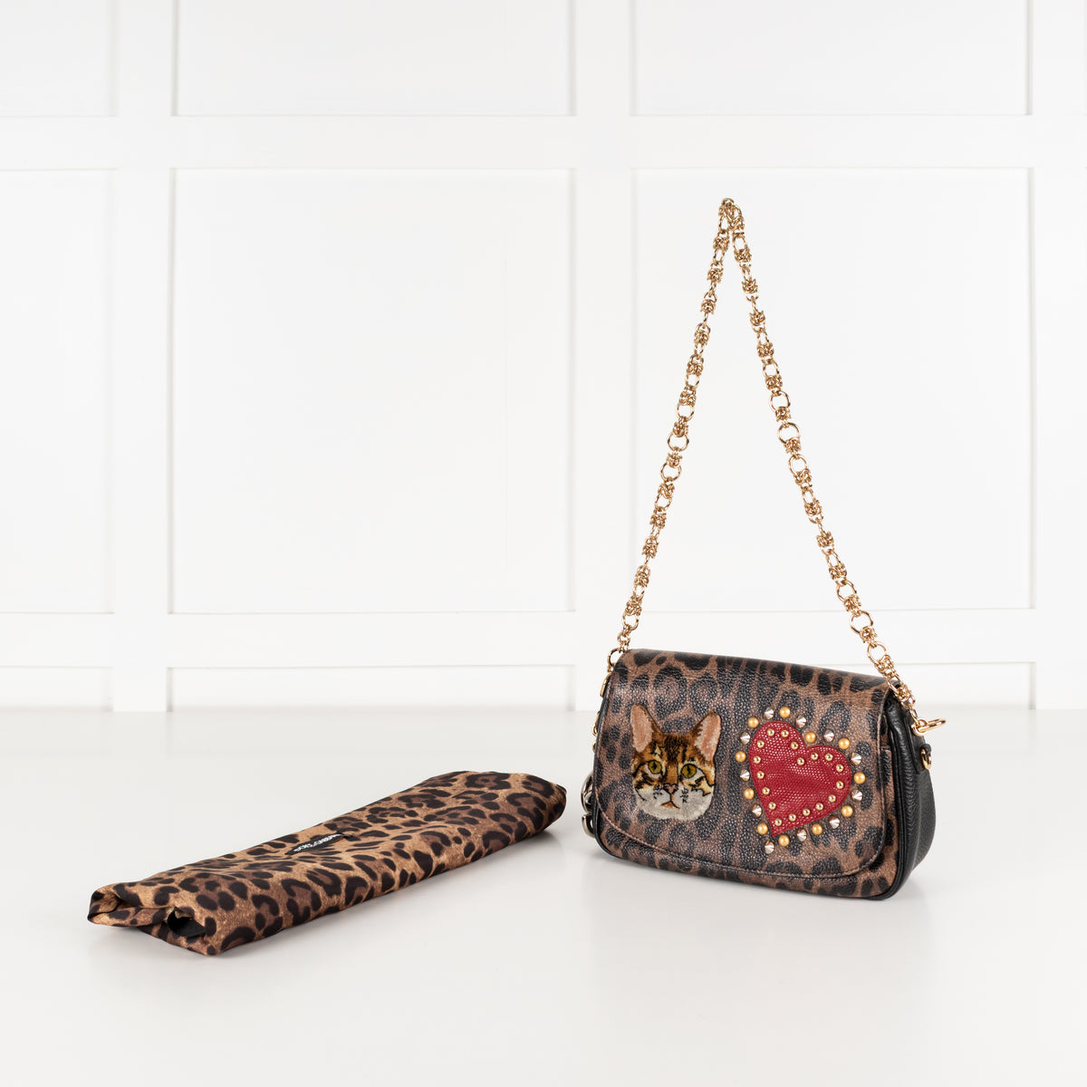 Dolce & Gabbana Brown Leopard Print Fabric Cat Heart Motif Shoulder Bag
