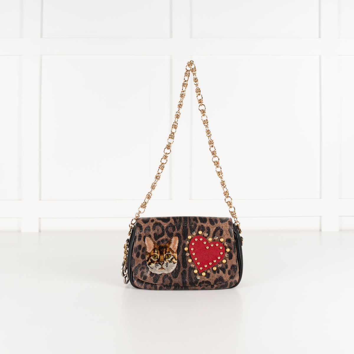 Dolce & Gabbana Brown Leopard Print Fabric Cat Heart Motif Shoulder Bag