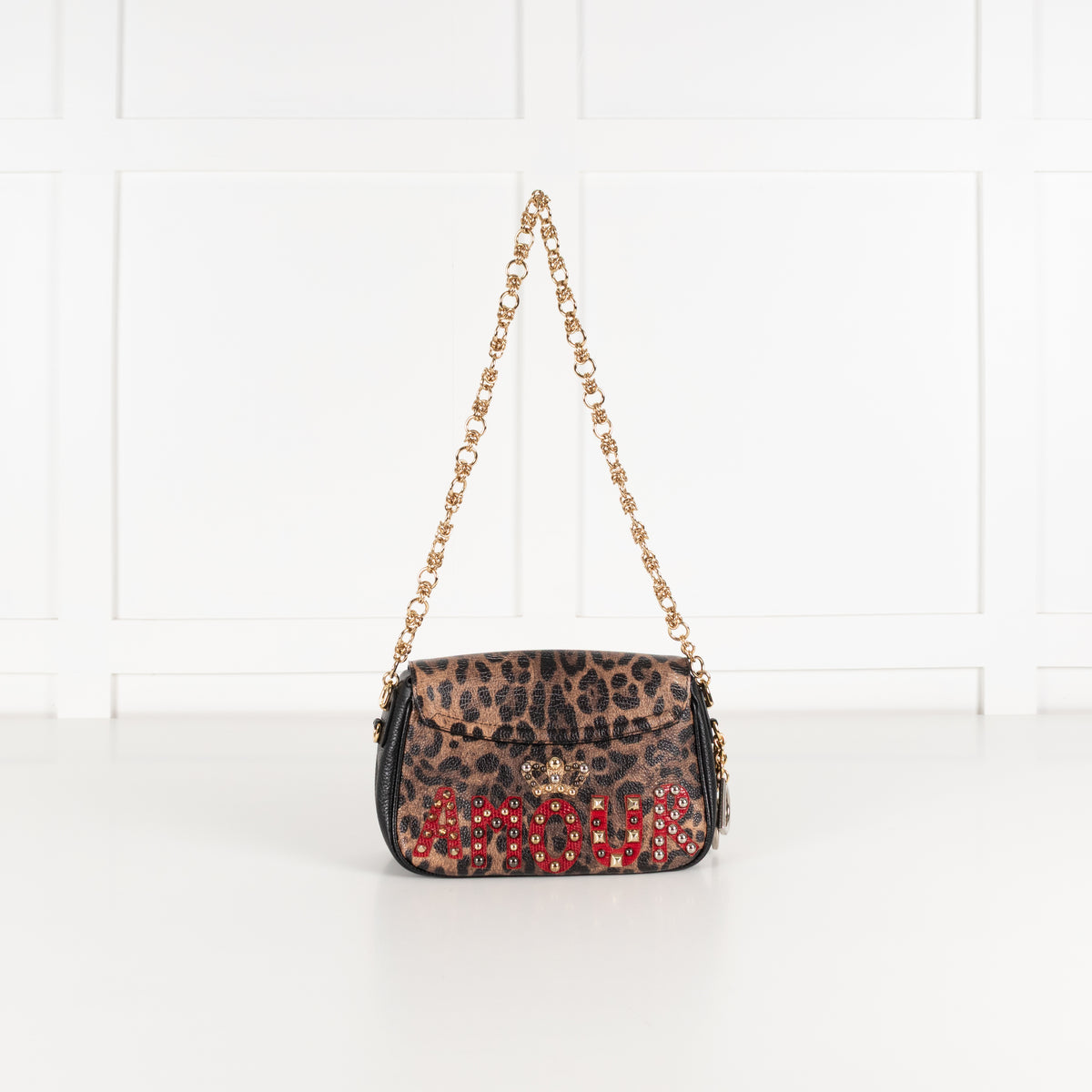 Dolce & Gabbana Brown Leopard Print Fabric Cat Heart Motif Shoulder Bag