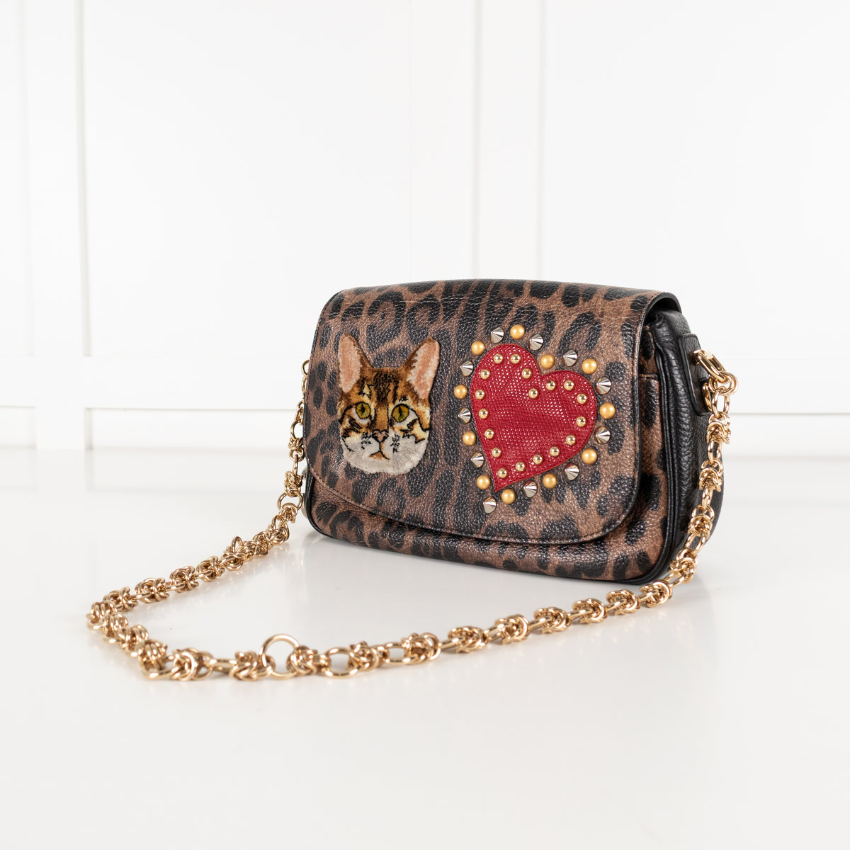 Dolce & Gabbana Brown Leopard Print Fabric Cat Heart Motif Shoulder Bag