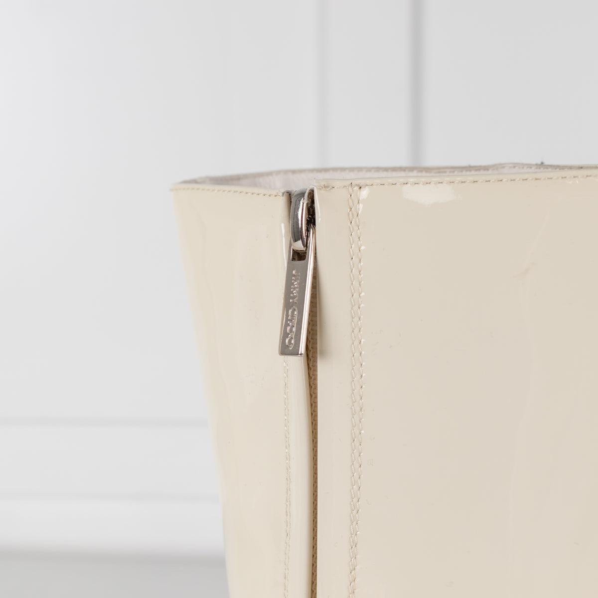 Jimmy Choo Kinsey Cream Patent Wide Heel Ankle Boot