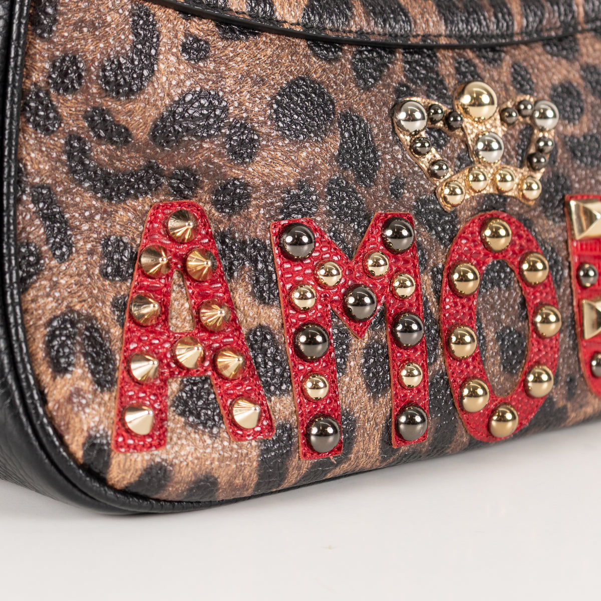 Dolce & Gabbana Brown Leopard Print Fabric Cat Heart Motif Shoulder Bag