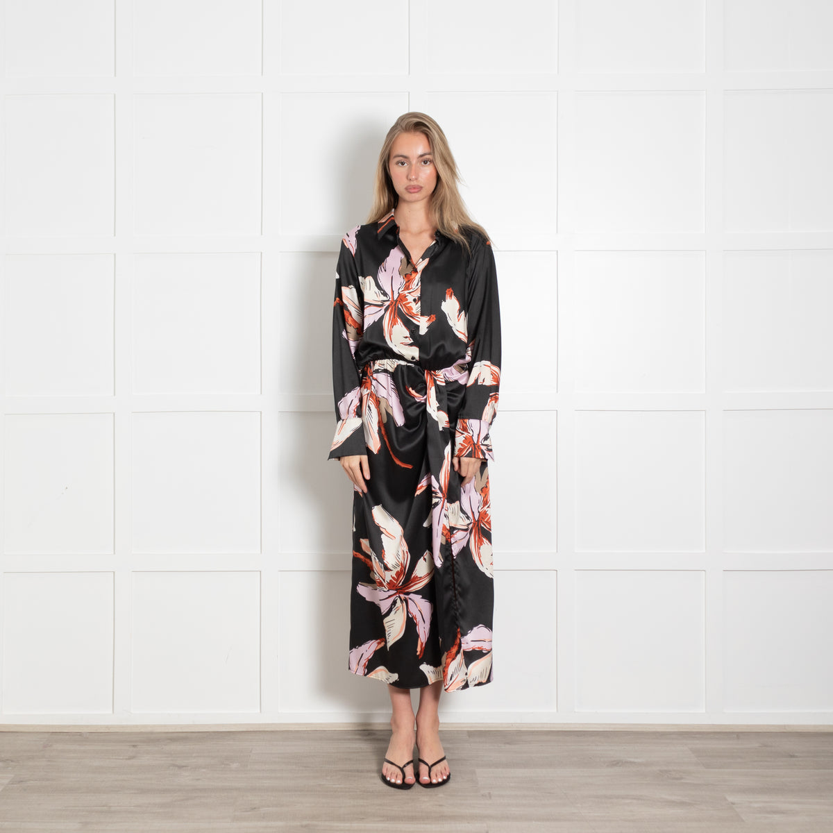 Marella Black Floral Cinch Waist Collared Midi Dress