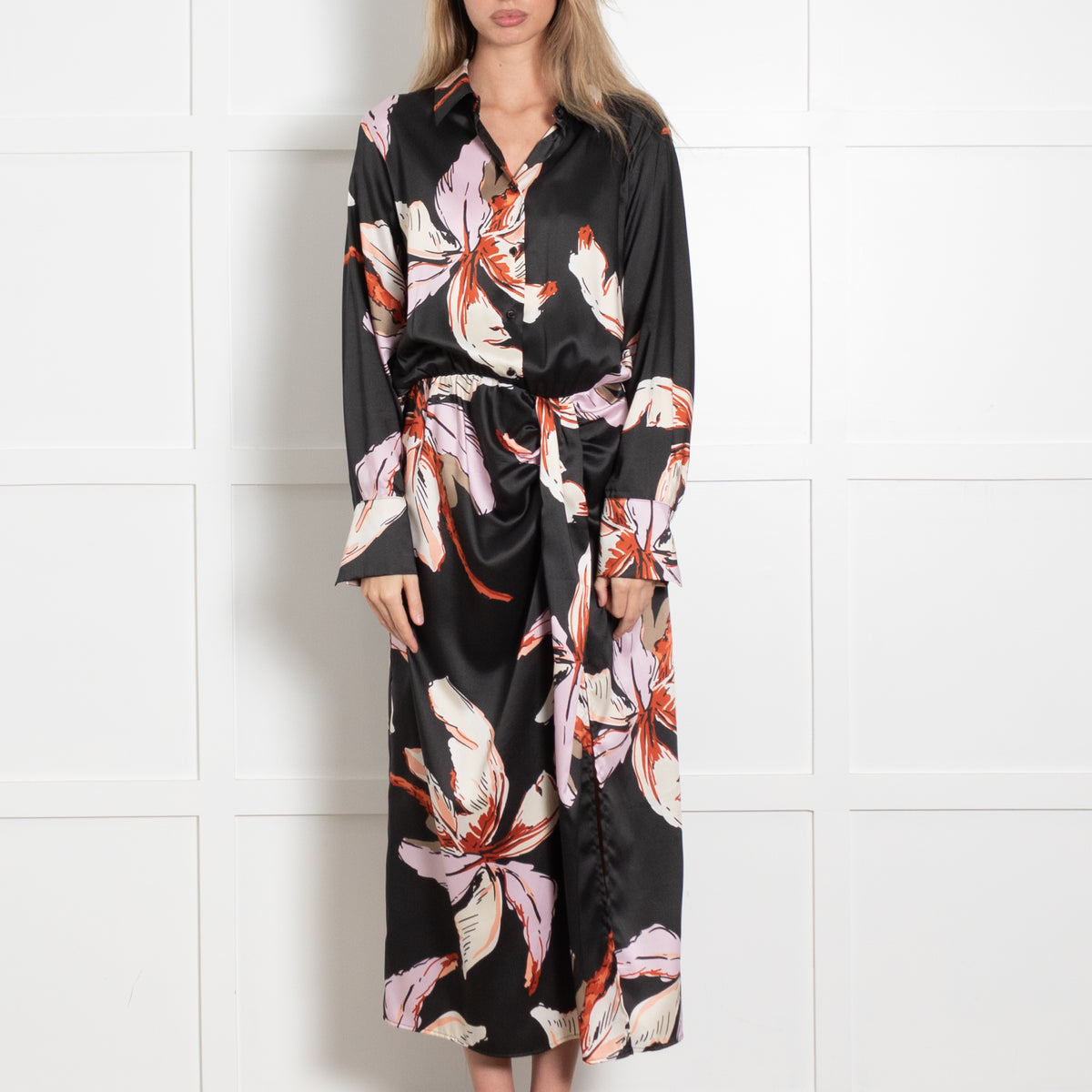 Marella Black Floral Cinch Waist Collared Midi Dress