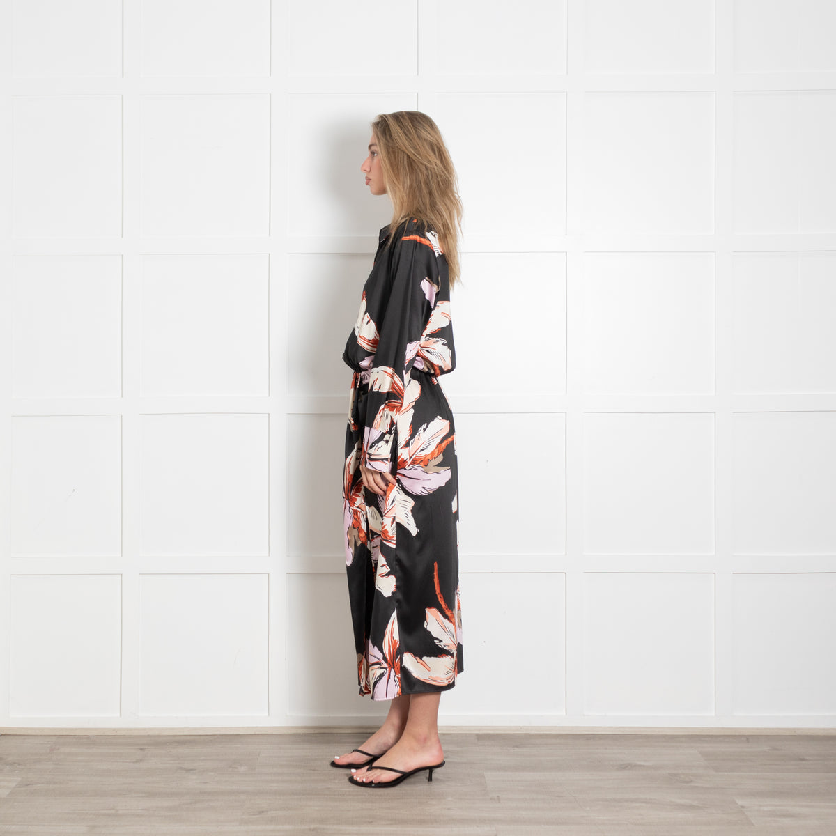 Marella Black Floral Cinch Waist Collared Midi Dress