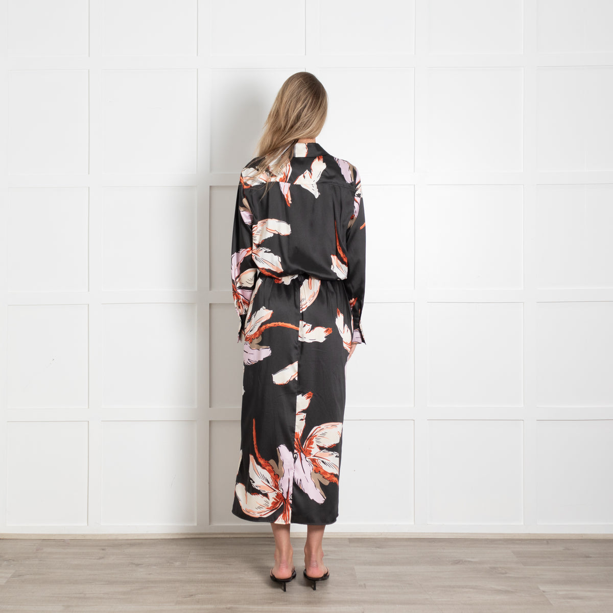 Marella Black Floral Cinch Waist Collared Midi Dress