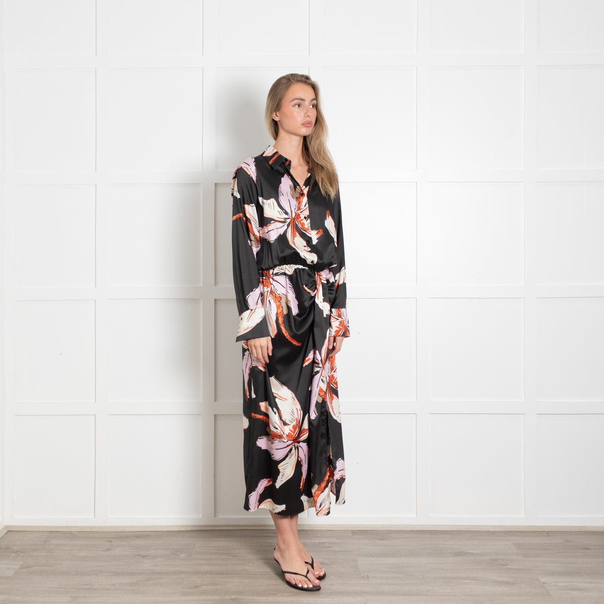 Marella Black Floral Cinch Waist Collared Midi Dress