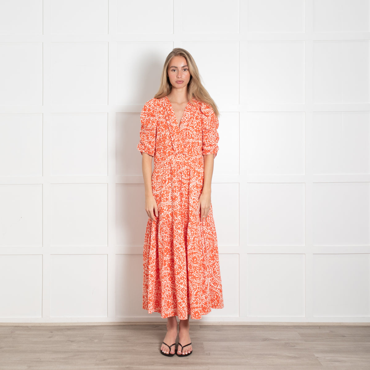 Me + Em Orange and White Gathered Front and Puff SHoulder Midi Dress