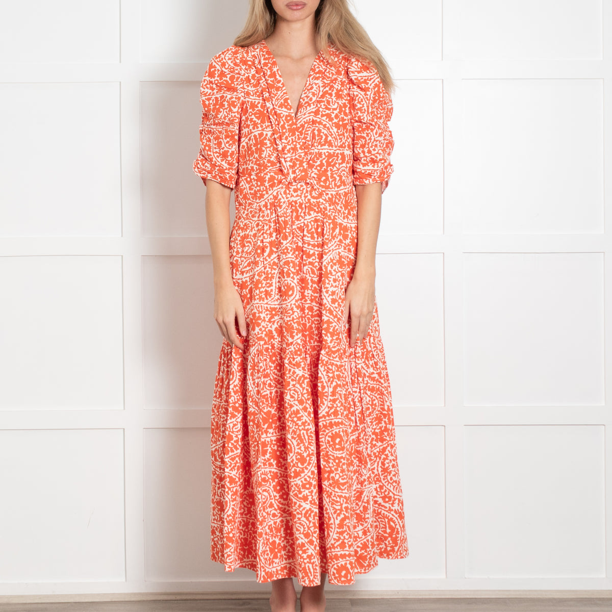 Me + Em Orange and White Gathered Front and Puff SHoulder Midi Dress